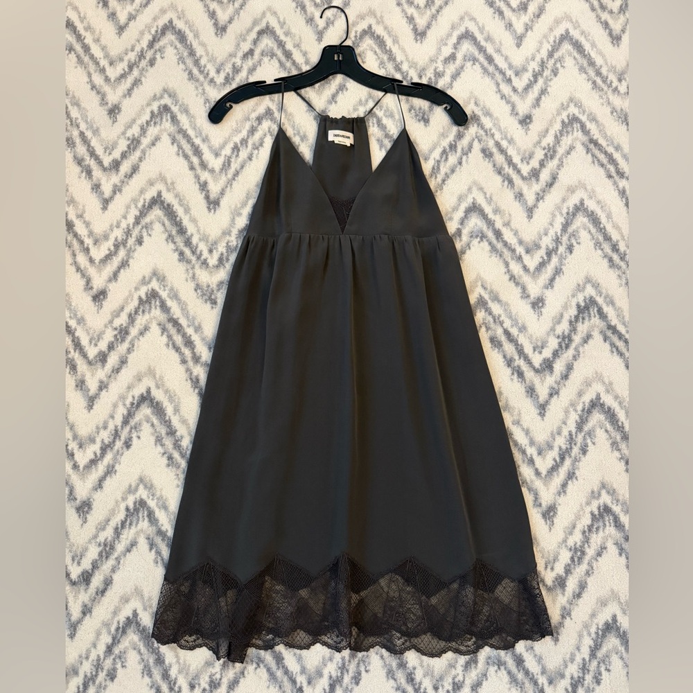 ZADIG & VOLTAIRE Charcoal Silk Mini Dress with Lace Hem